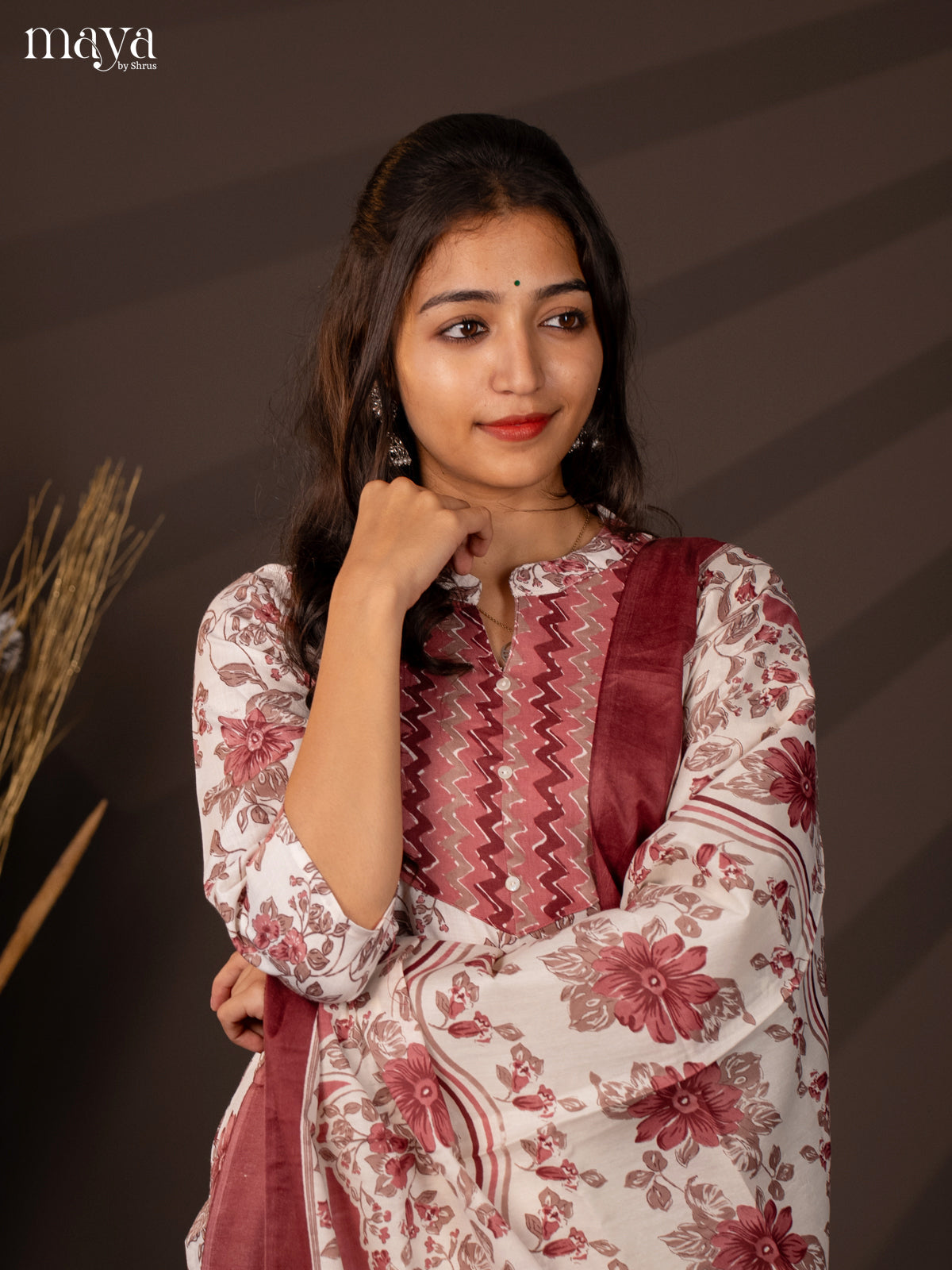 White Cotton Mix 3Pc Cotton Salwar Suit With Floral Print - Top, Bottom & Dupatta - Shop on Shrus.com