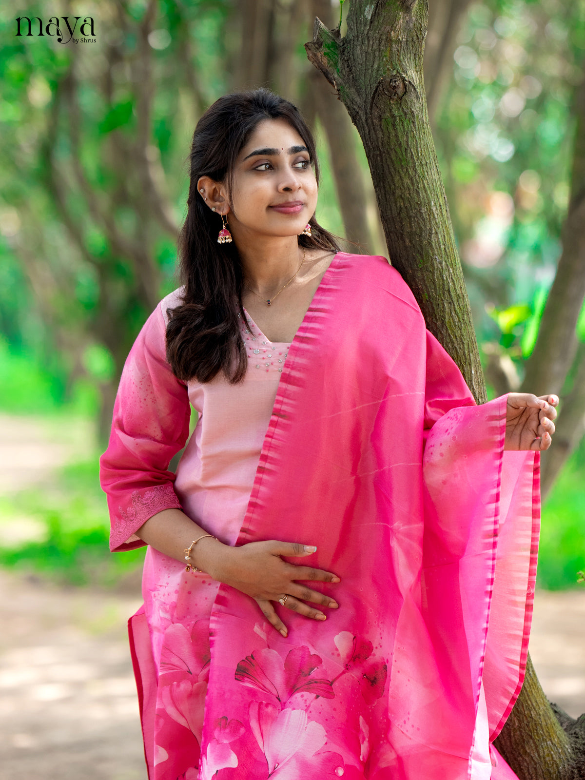 Pink Chanderi 3Pc Salwar Suit with Floral Print - Top, Bottom & Dupatta - Shop on Shrus.com