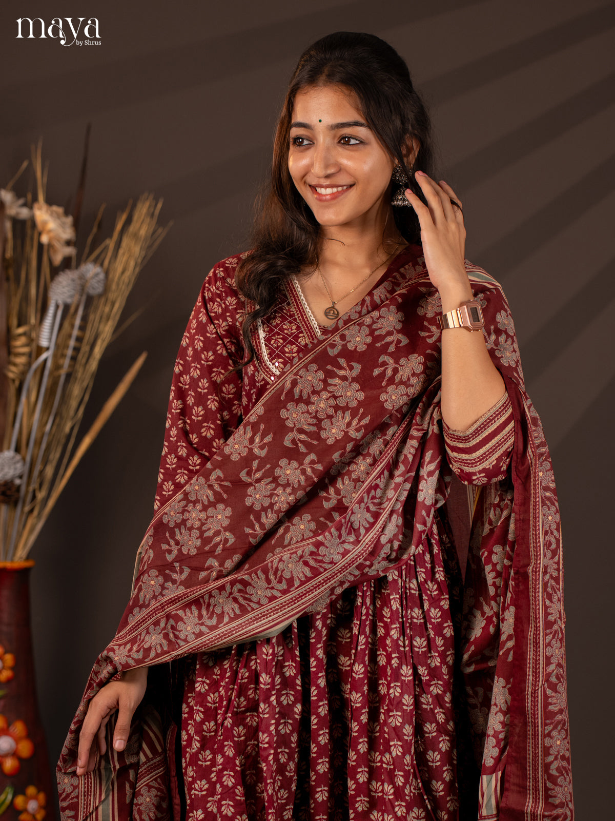 Maroon Cotton 3Pc Salwar Suit With Floral Print - Top, Bottom & Dupatta - Shop on Shrus.com