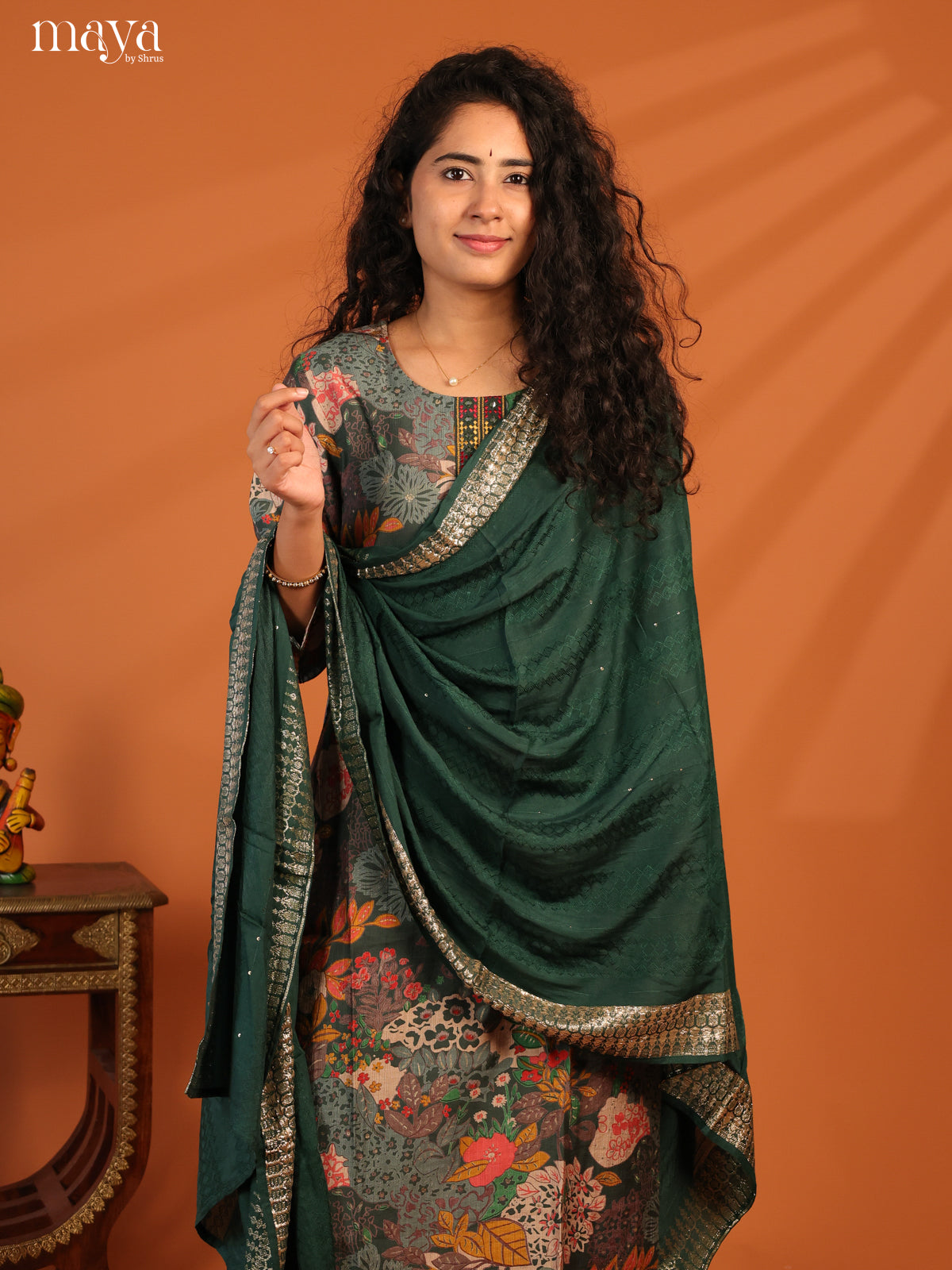 Green Linen Cotton 3Pc Salwar Suit With Floral Print - Top, Bottom & Dupatta - Shop on Shrus.com