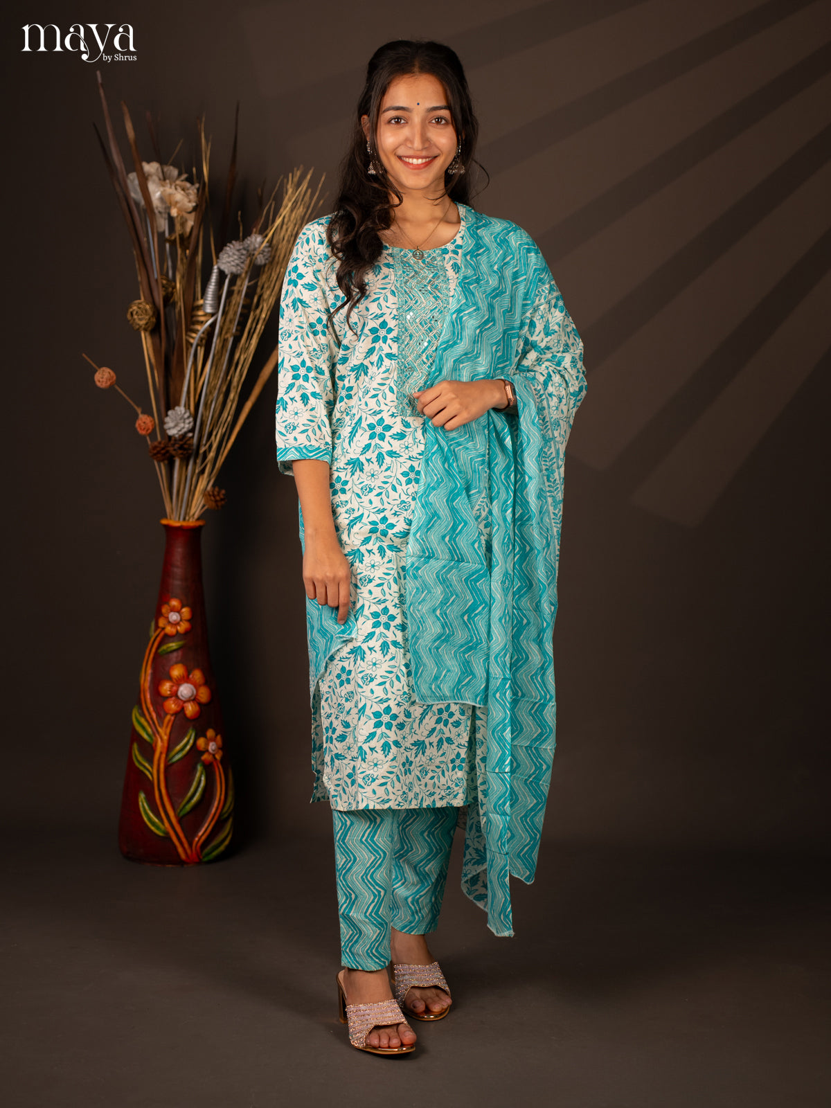 Cream Cotton 3Pc Salwar Suit With Floral Print - Top , Bottom & Dupatta - Shop on Shrus.com