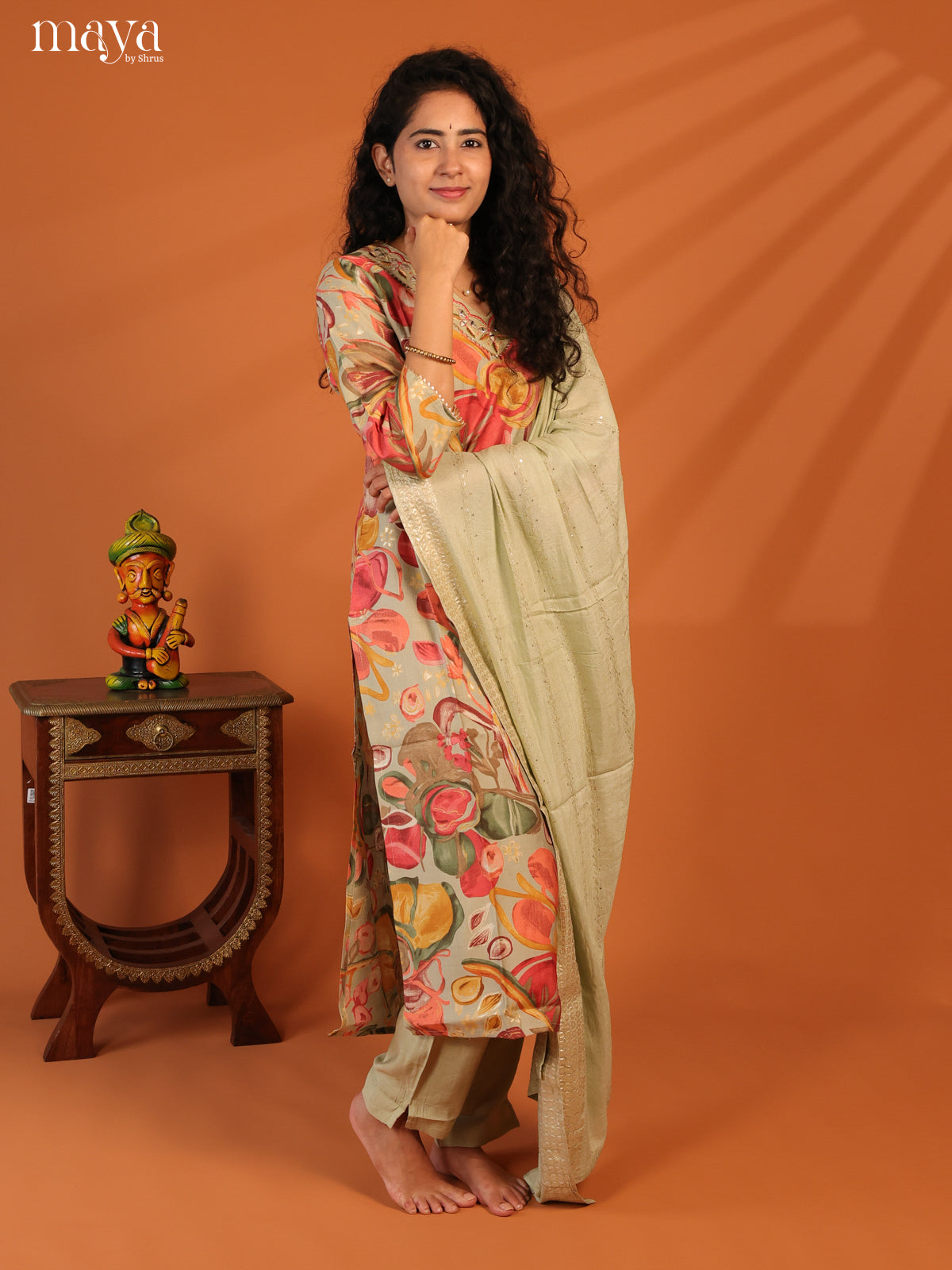 Green Linen Cotton 3Pc Salwar Suit With Floral Print - Top, Bottom & Dupatta - Shop on Shrus.com