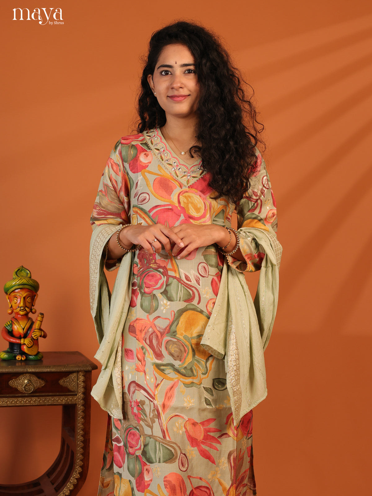Green Linen Cotton 3Pc Salwar Suit With Floral Print - Top, Bottom & Dupatta - Shop on Shrus.com