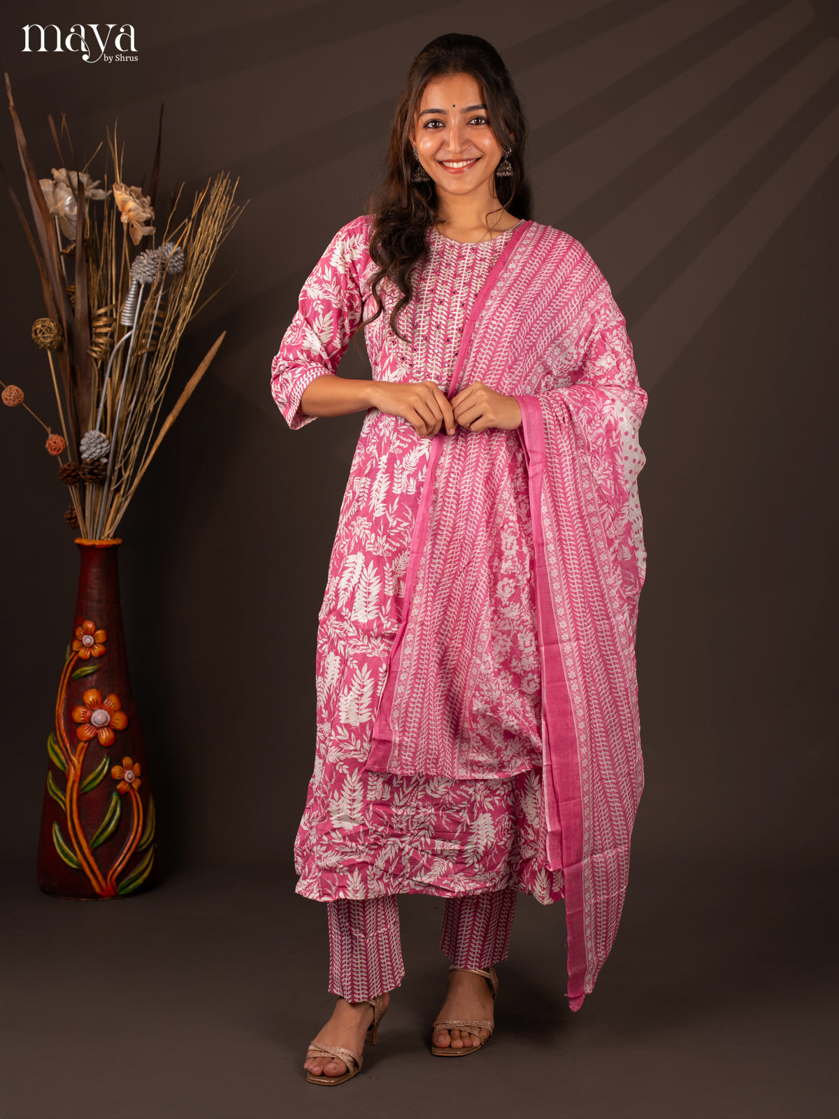 Pink Cotton 3Pc Salwar Suit With Floral Print - Top, Bottom & Dupatta - Shop on Shrus.com