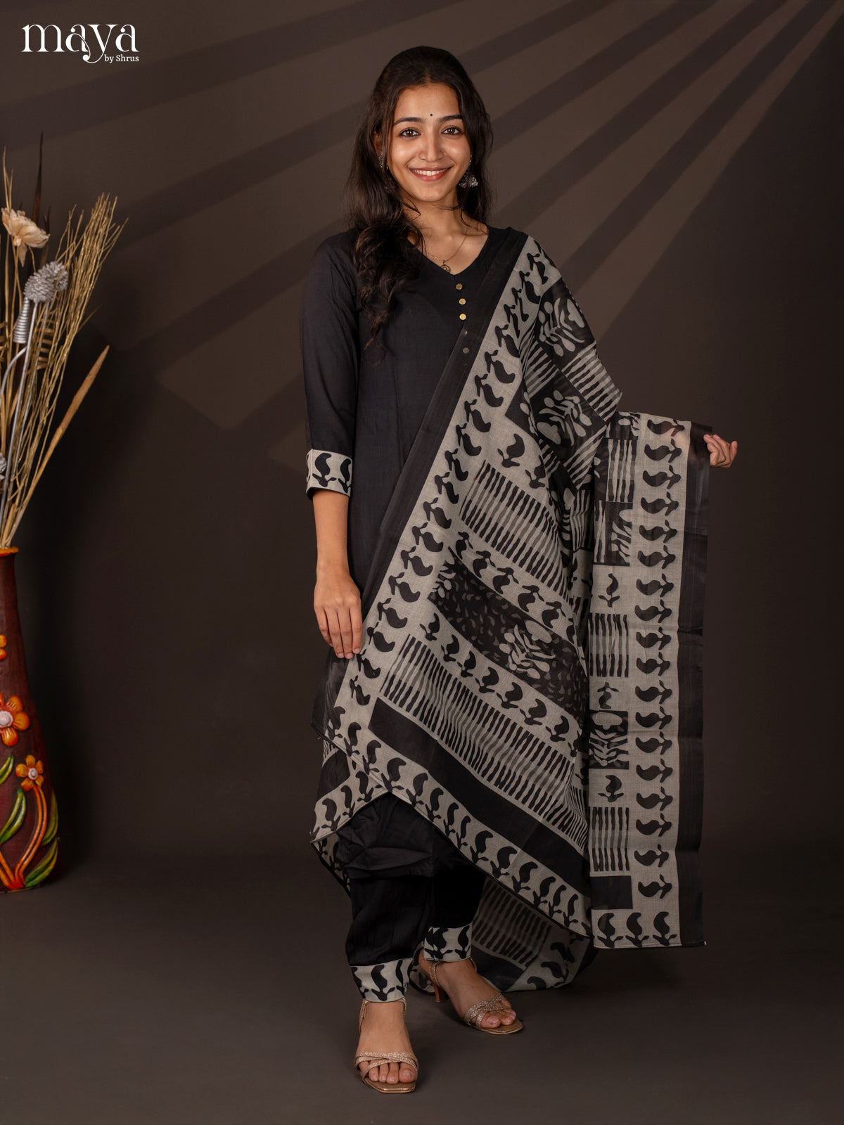 Black Cotton 3Pc Salwar Suit With Floral Print - Top, Bottom & Dupatta - Shop on Shrus.com