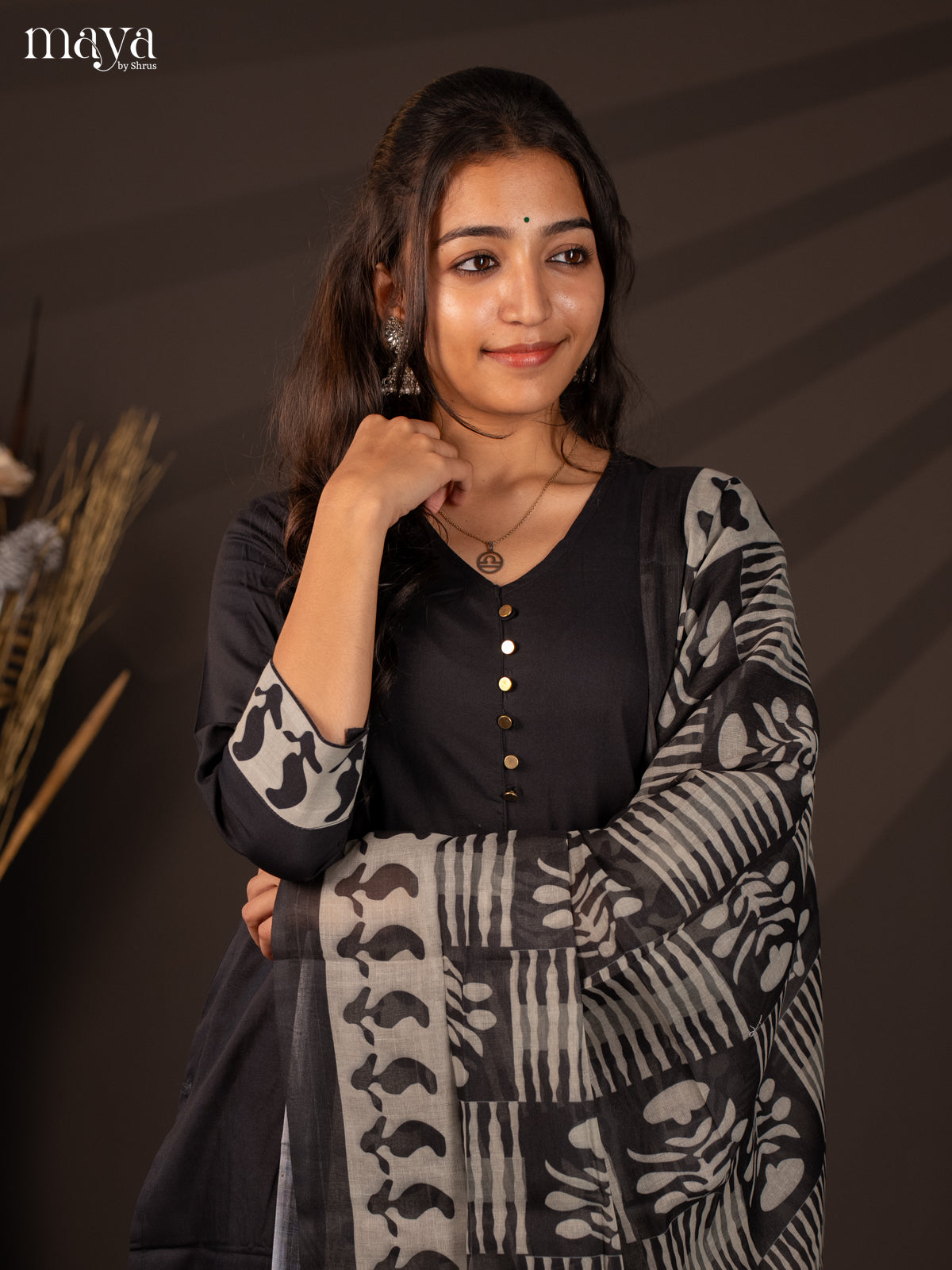 Black Cotton 3Pc Salwar Suit With Floral Print - Top, Bottom & Dupatta - Shop on Shrus.com