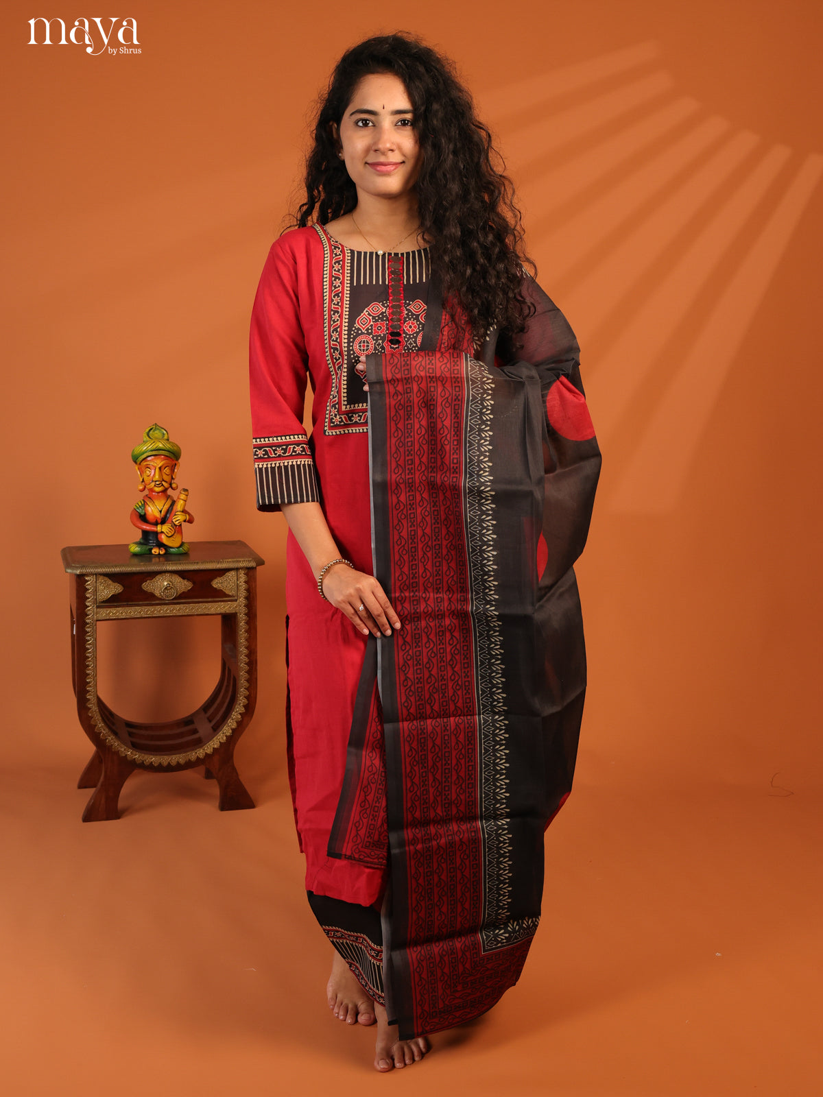 Red Cotton 3Pc Salwar Suit with Ajrakh Print- Top, Bottom & Dupatta - Shop on Shrus.com