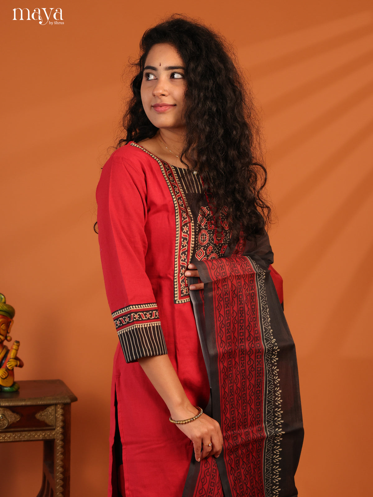 Red Cotton 3Pc Salwar Suit with Ajrakh Print- Top, Bottom & Dupatta - Shop on Shrus.com