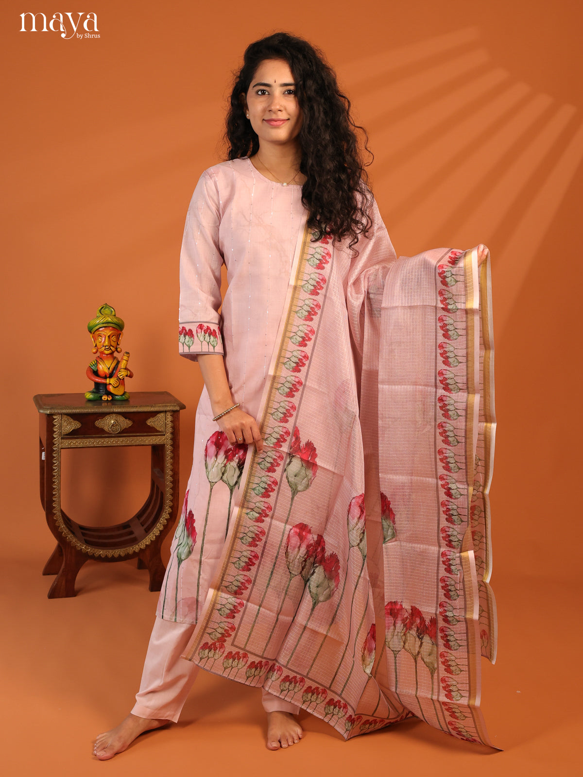 Pink Cotton 3Pc Salwar Suit With Floral Print - Top, Bottom & Dupatta - Shop on Shrus.com