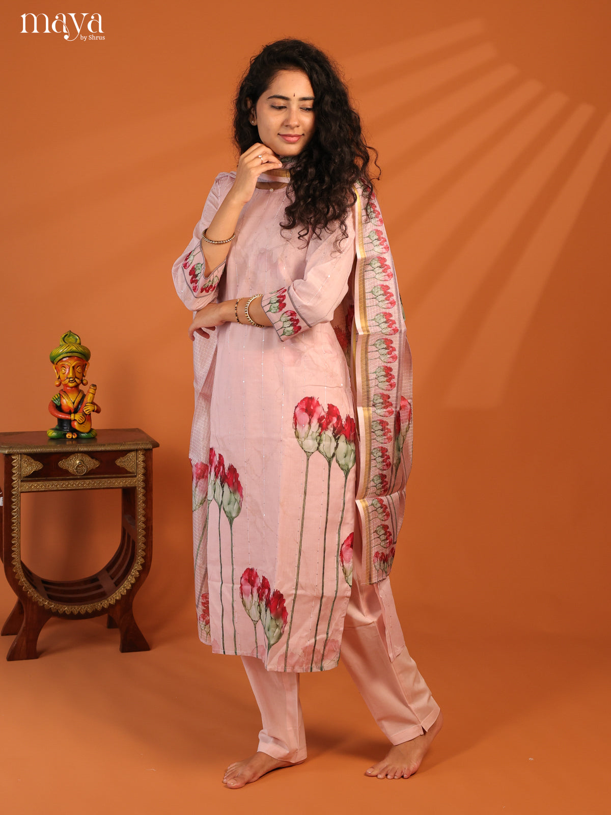 Pink Cotton 3Pc Salwar Suit With Floral Print - Top, Bottom & Dupatta - Shop on Shrus.com