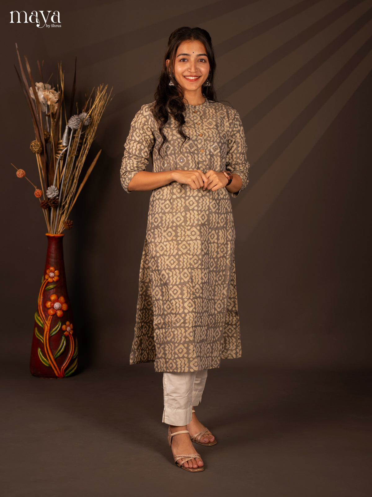 Grey Batik Printed Cotton Kurti - Shop on Shrus.com