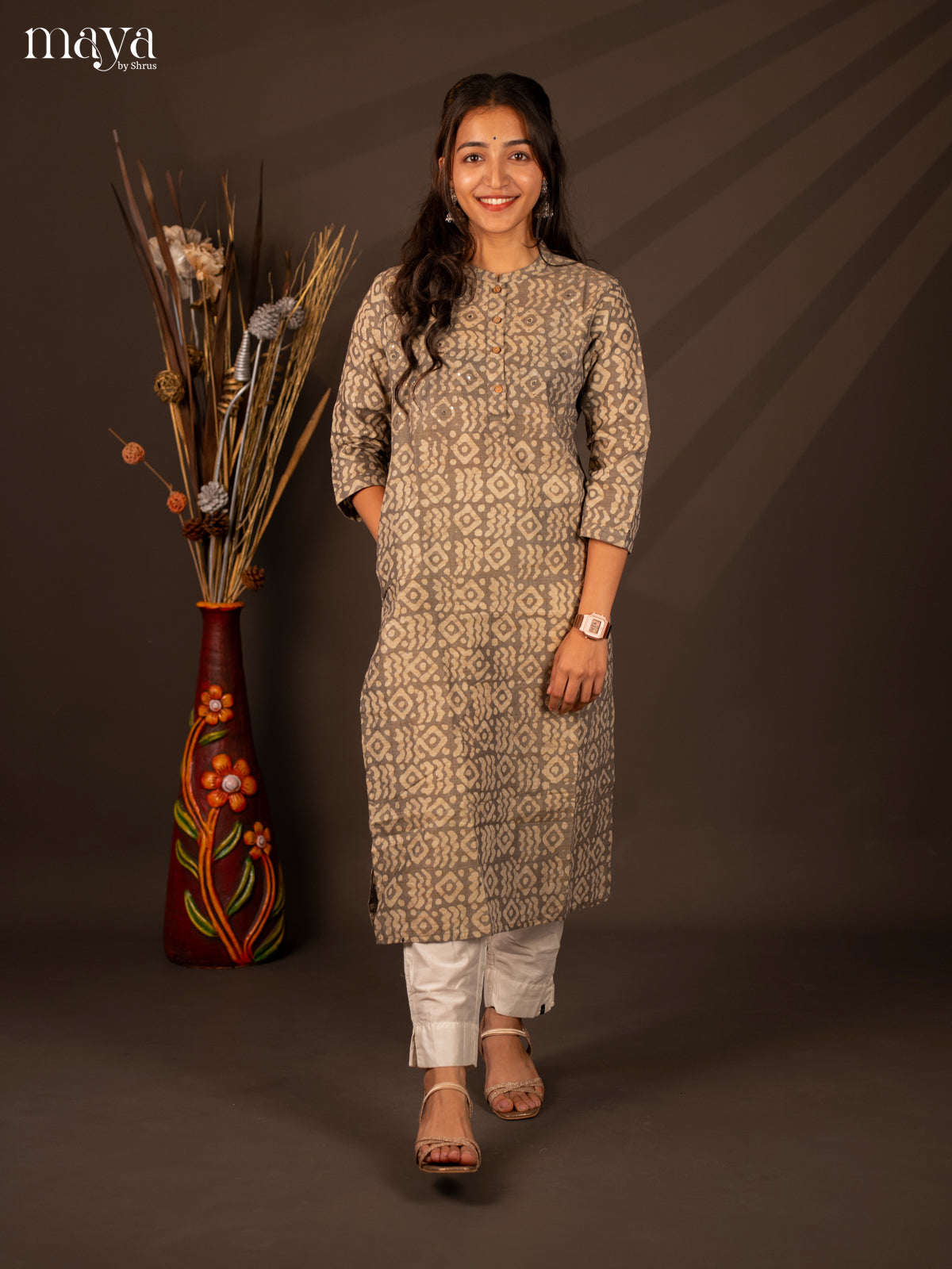 Grey Batik Printed Cotton Kurti - Shop on Shrus.com