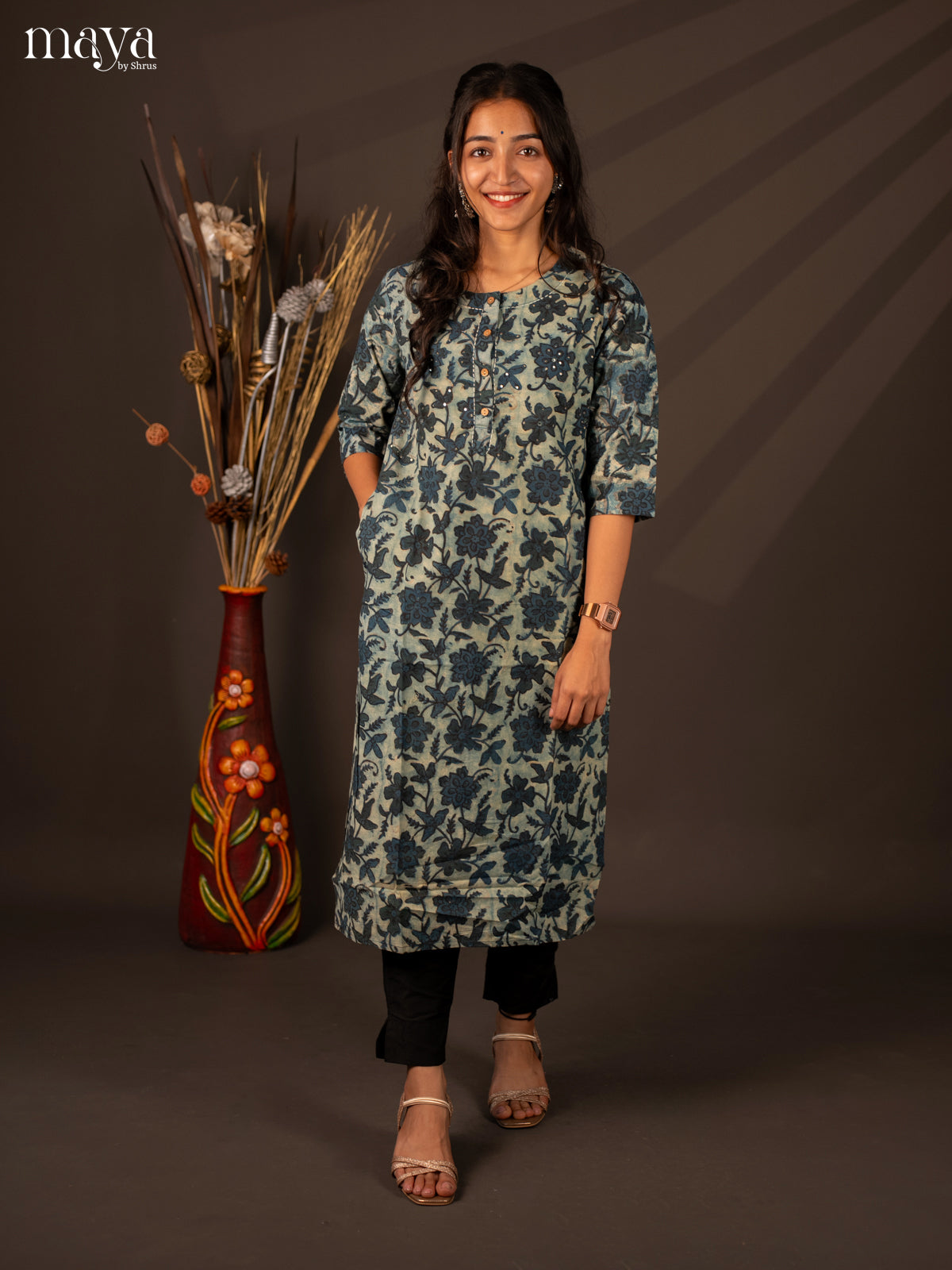 Blue Floral Printed Cotton Kurti - Shop on Shrus.com