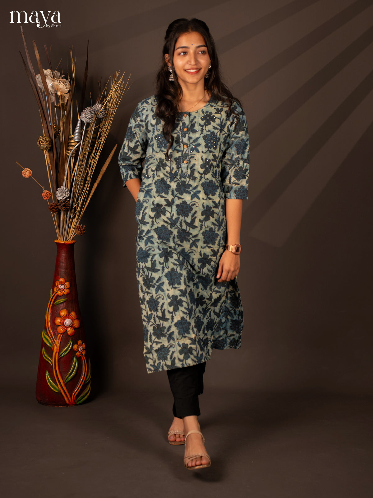 Blue Floral Printed Cotton Kurti - Shop on Shrus.com