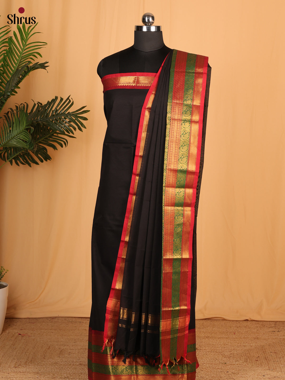 Red With Black Chettinad Cotton Unstitched Suit Set - Shop on Shrus.com