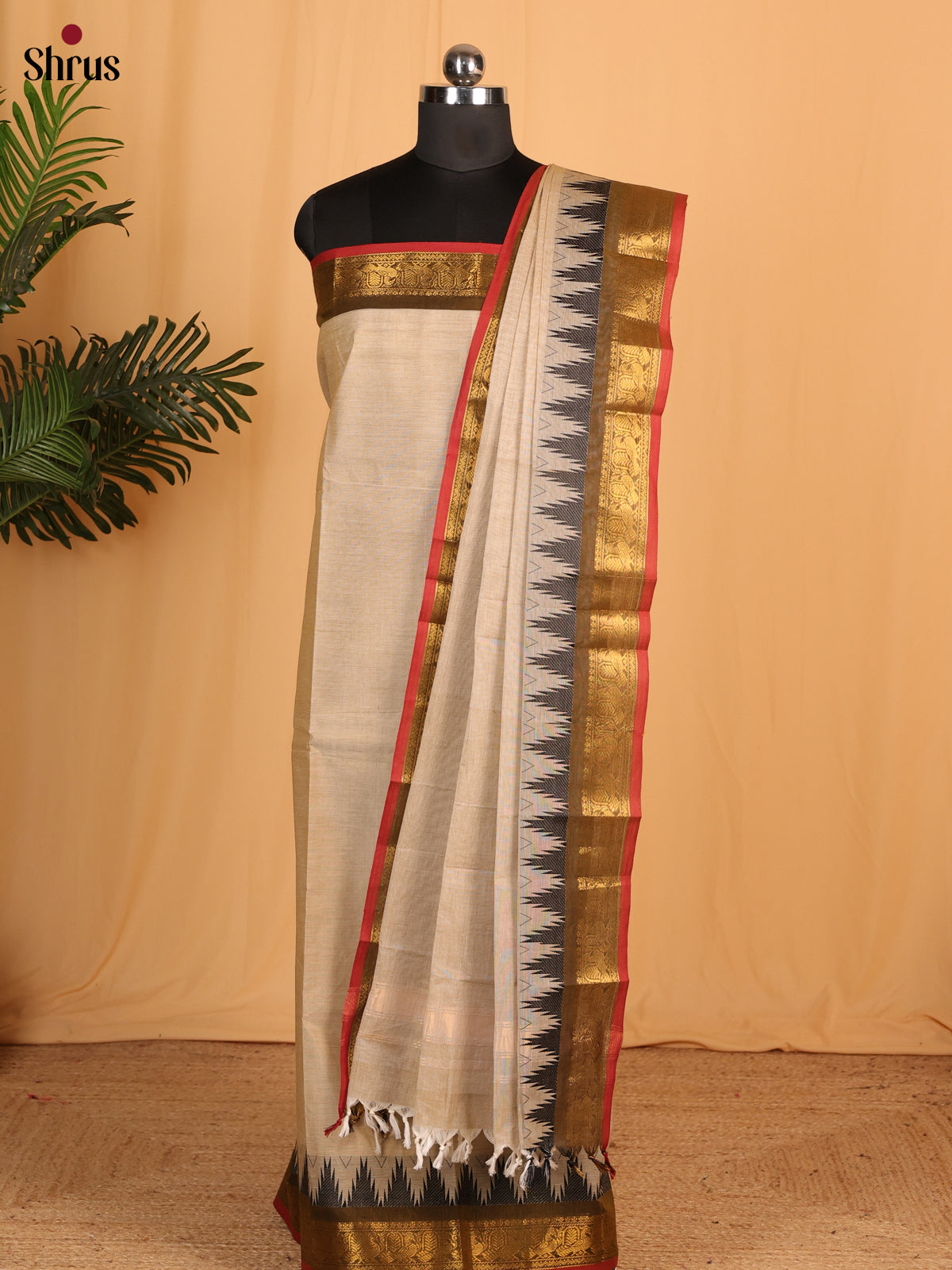 Beige with Grey Chettinad Cotton Unstitched Suit Set - Shop on Shrus.com