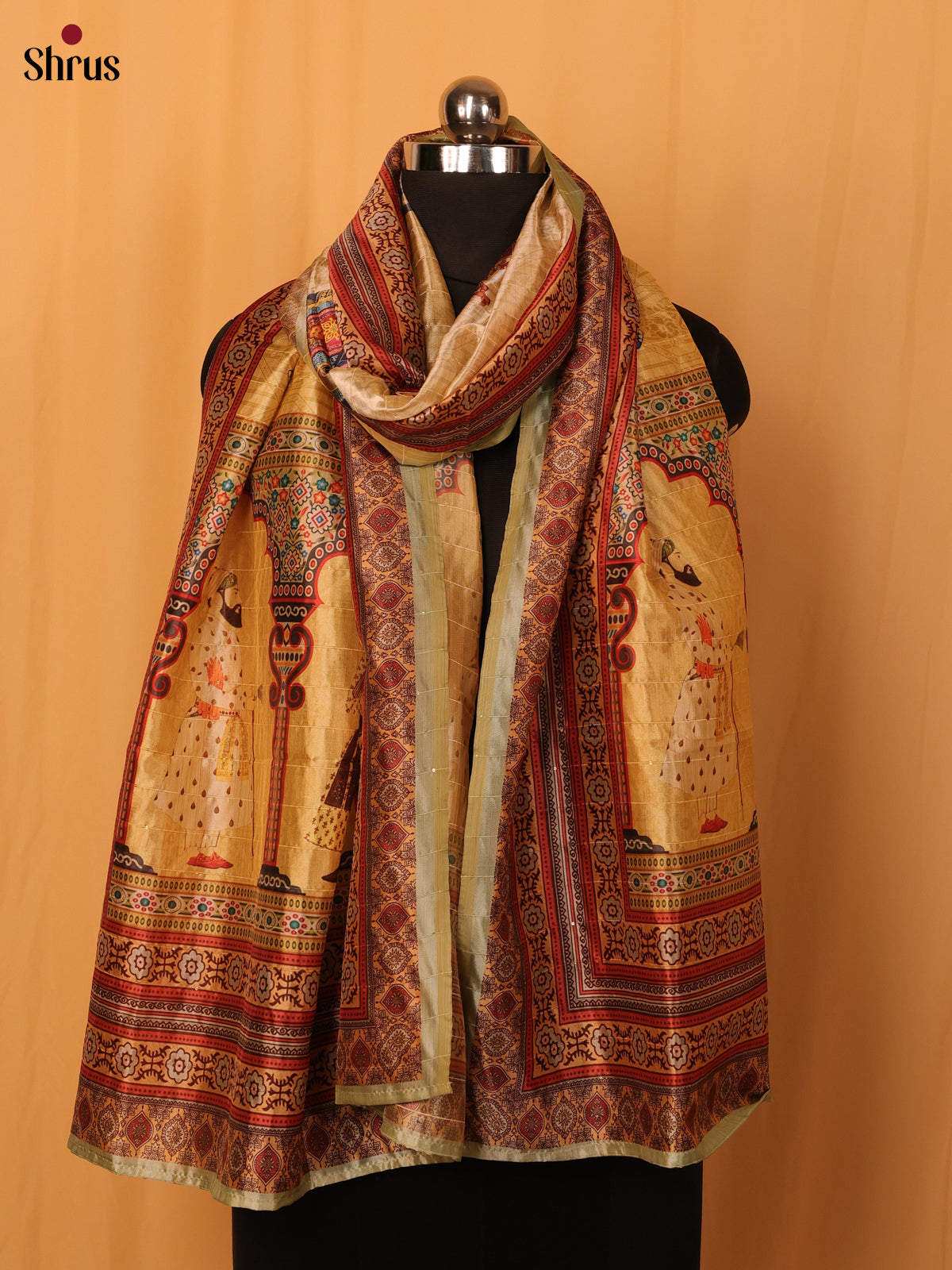 Cream Mughal Print Semi Silk Dupatta - Shop on Shrus.com