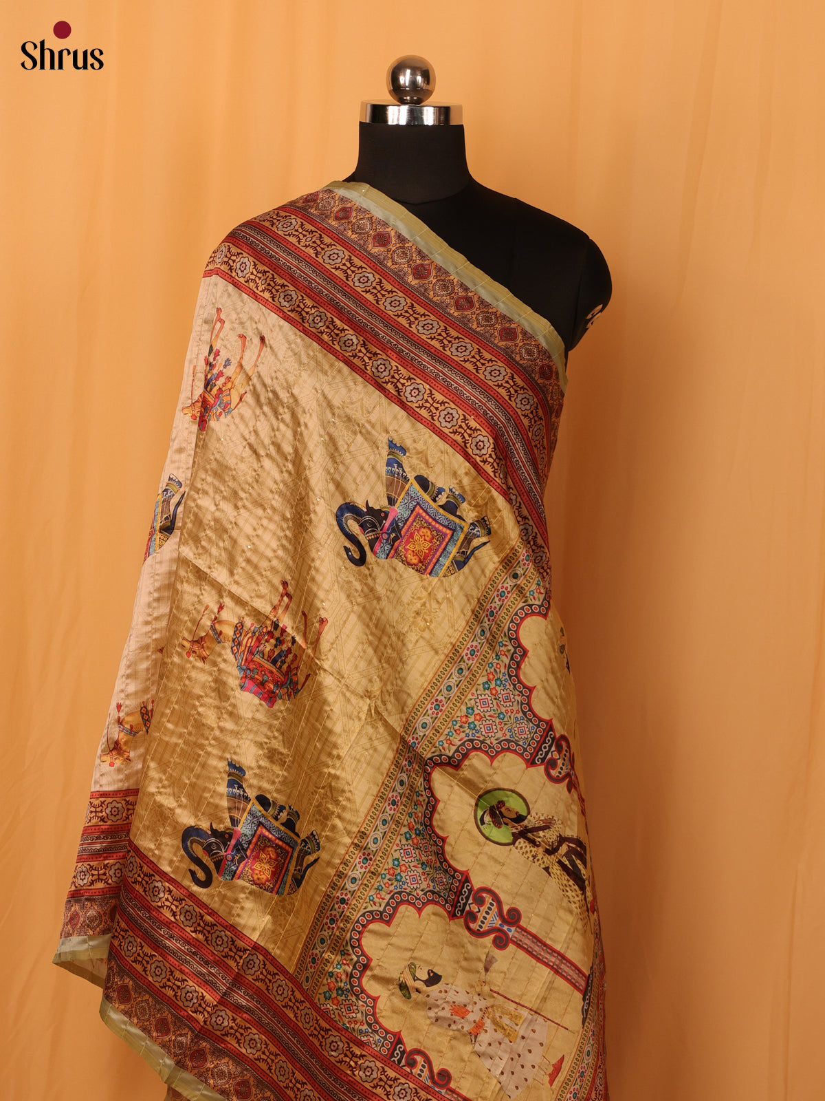 Cream Mughal Print Semi Silk Dupatta - Shop on Shrus.com
