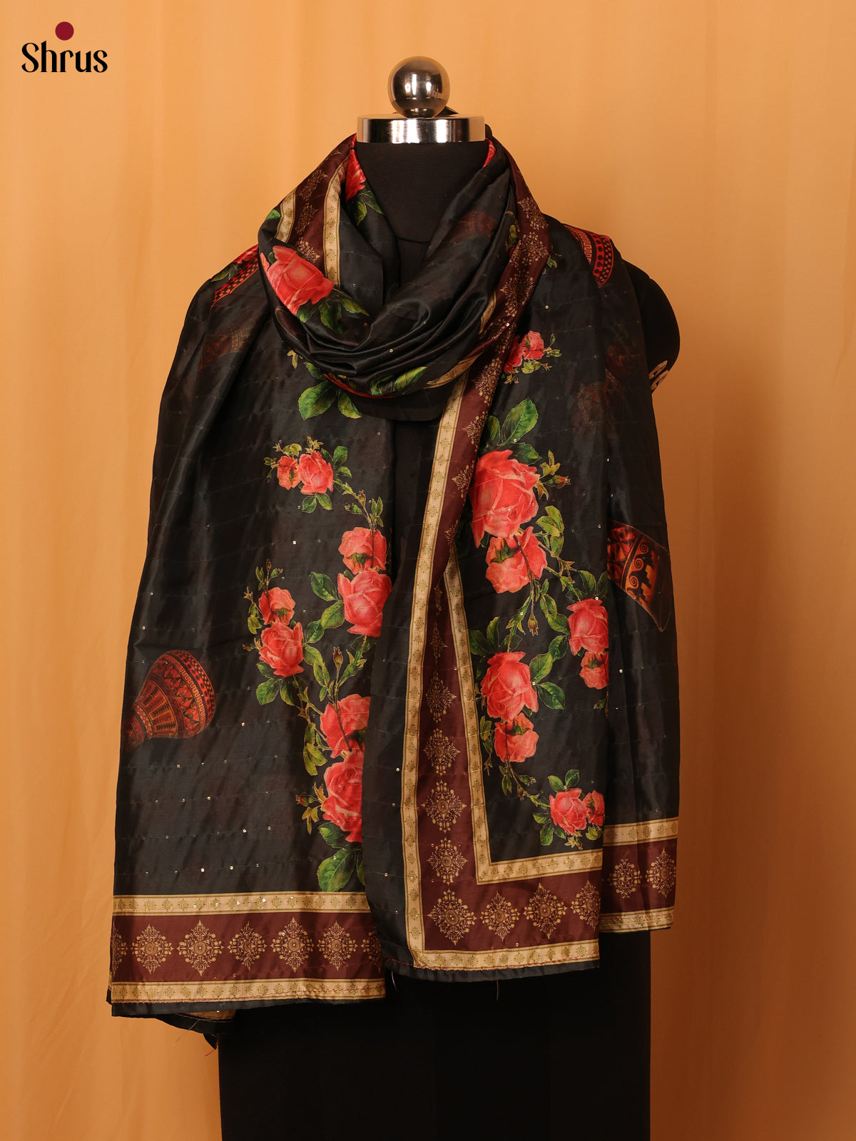 Black Floral Print Semi Silk Dupatta - Shop on Shrus.com