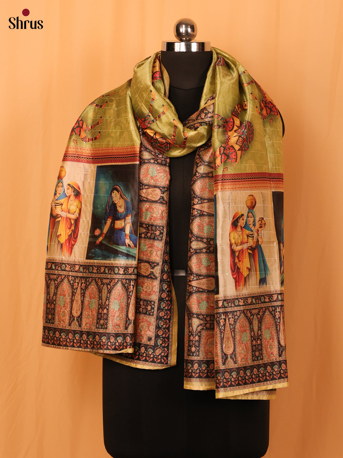 Green Mughal Print Semi Silk Dupatta - MCL28122 - Shop on Shrus.com