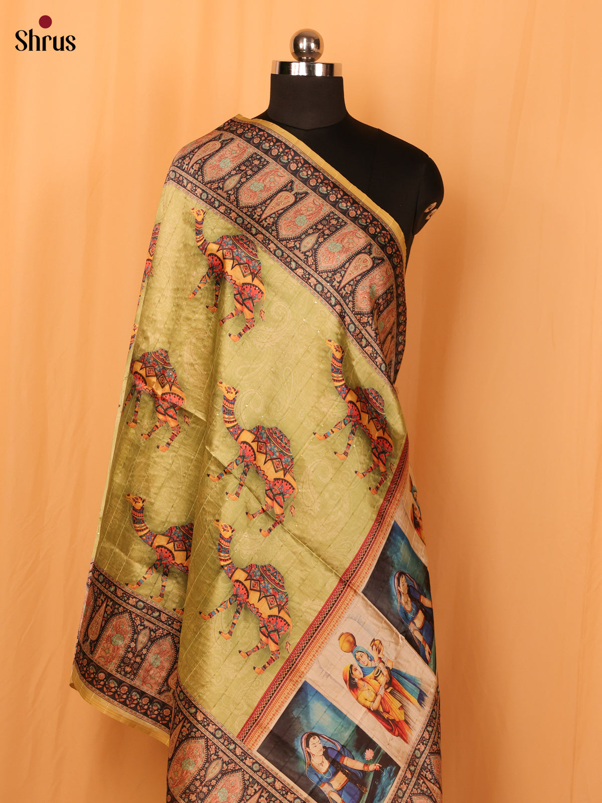 Green Mughal Print Semi Silk Dupatta - MCL28122 - Shop on Shrus.com