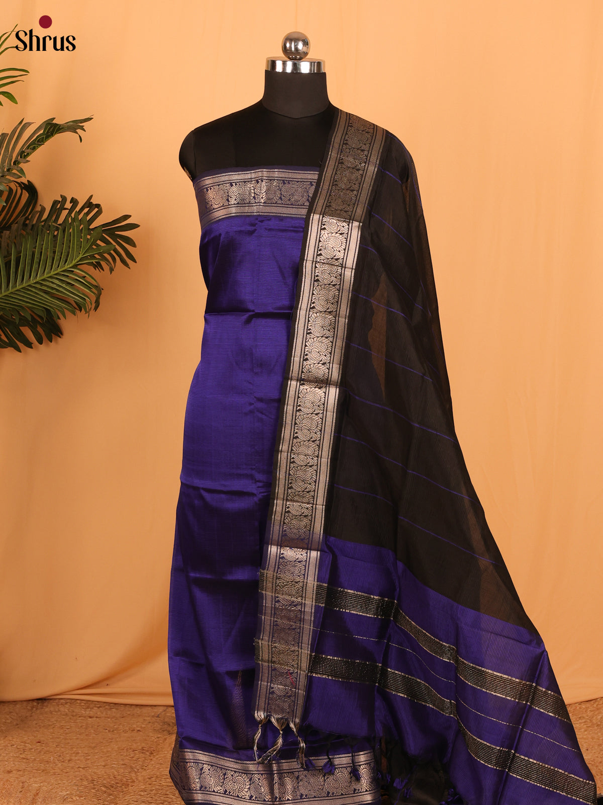 Violet With Black Mangalagiri Cotton Unstitched Suit Set - Shop on Shrus.com