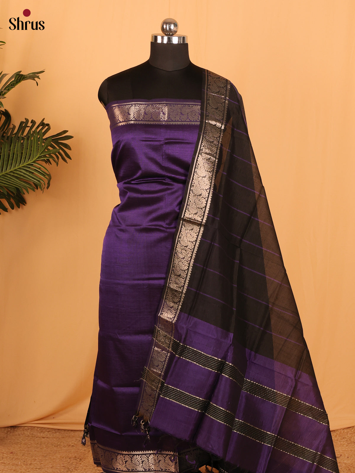 Violet with Black Mangalagiri Cotton Unstitched Suit Set - Shop on Shrus.com