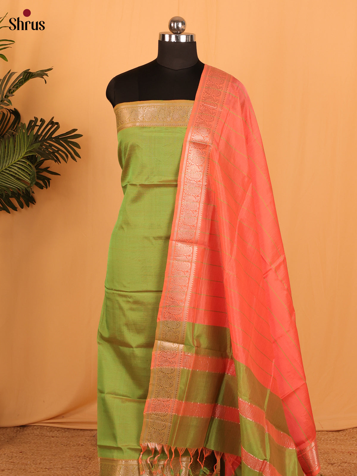Green & Peach Managalagiri Cotton Unstitched Top & Dupatta - MDA04013 - Shop on Shrus.com