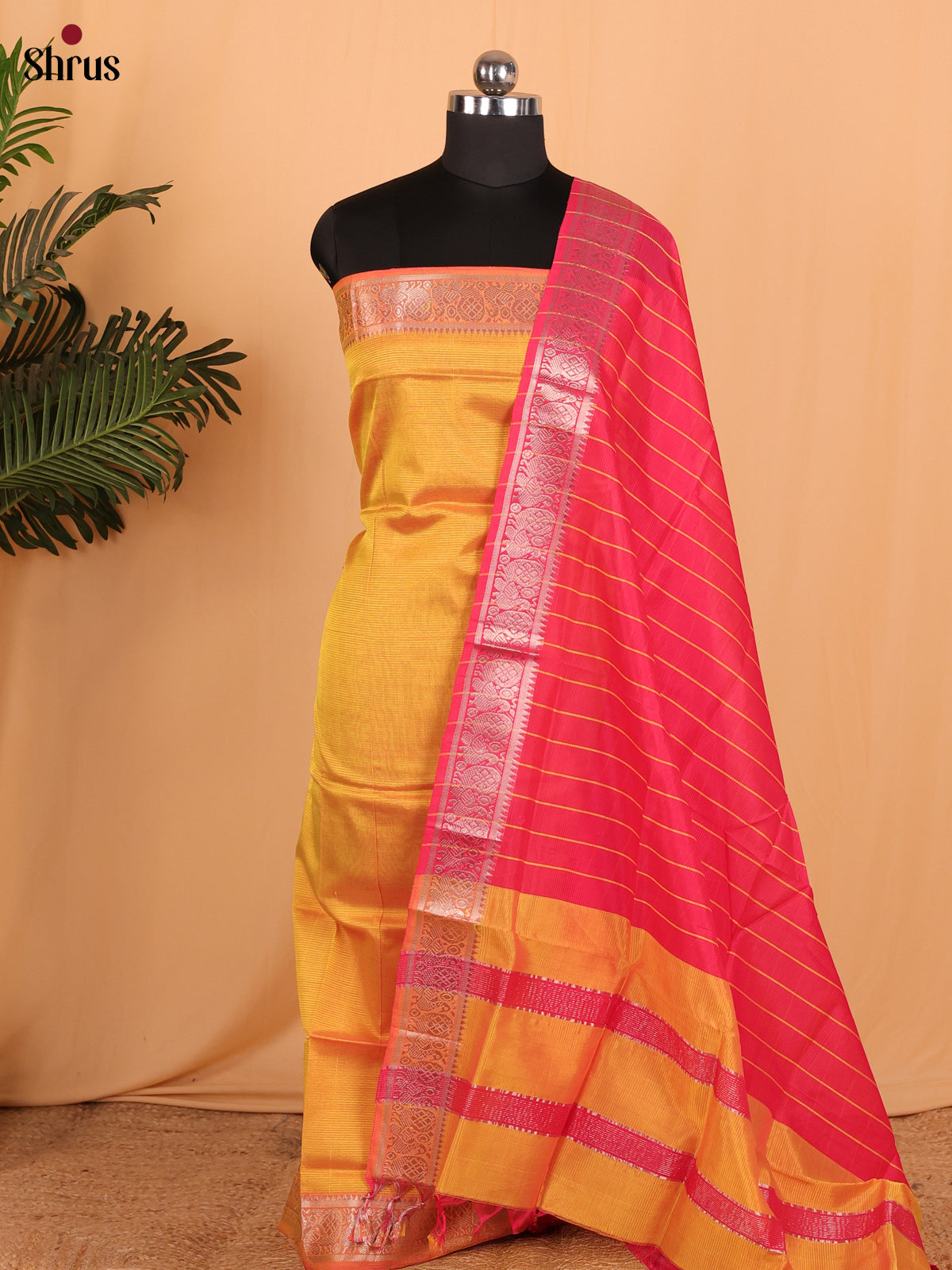 Mustard & Pink Managalagiri Cotton Unstitched Top & Dupatta - MDA04016 - Shop on Shrus.com