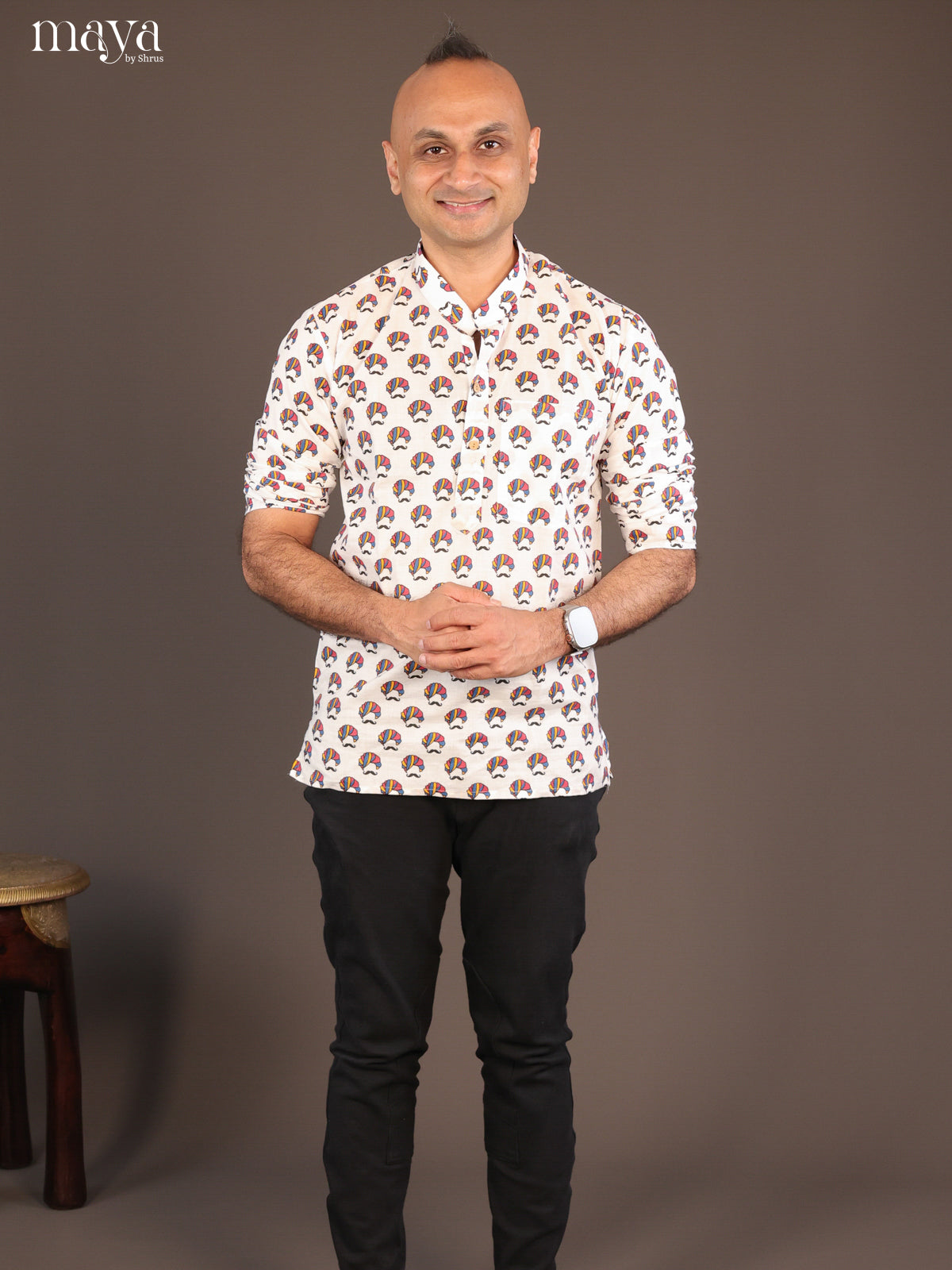White Cotton Warli Printed Short Men Kurta - Shop on Shrus.com