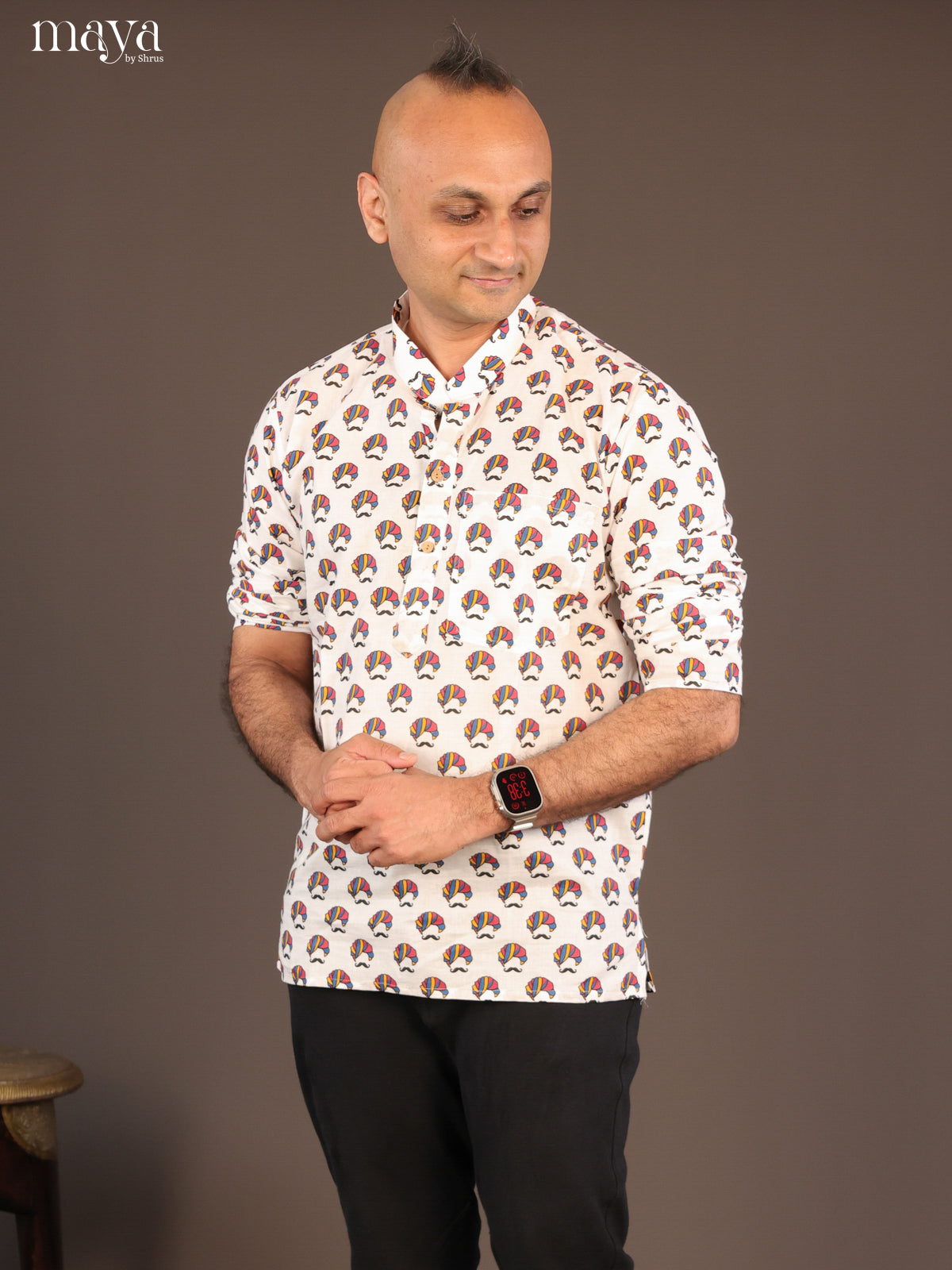 White Cotton Warli Printed Short Men Kurta - Shop on Shrus.com