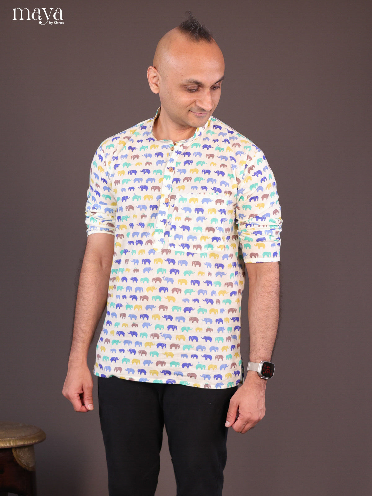 Cream Cotton Elephant Printed Short Men Kurta - Shop on Shrus.com
