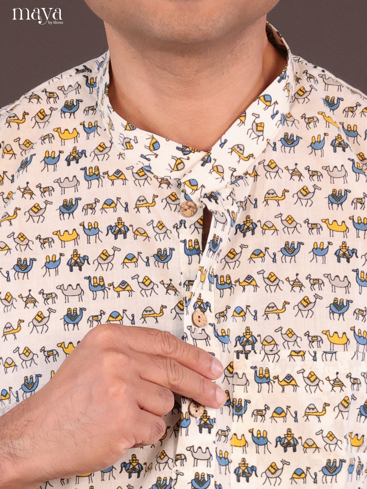 Cream Cotton Block Printed Short Men Kurta - Shop on Shrus.com