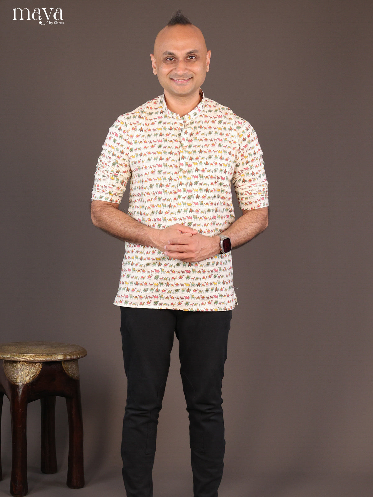 Cream Cotton Block Printed Short Men Kurta - Shop on Shrus.com