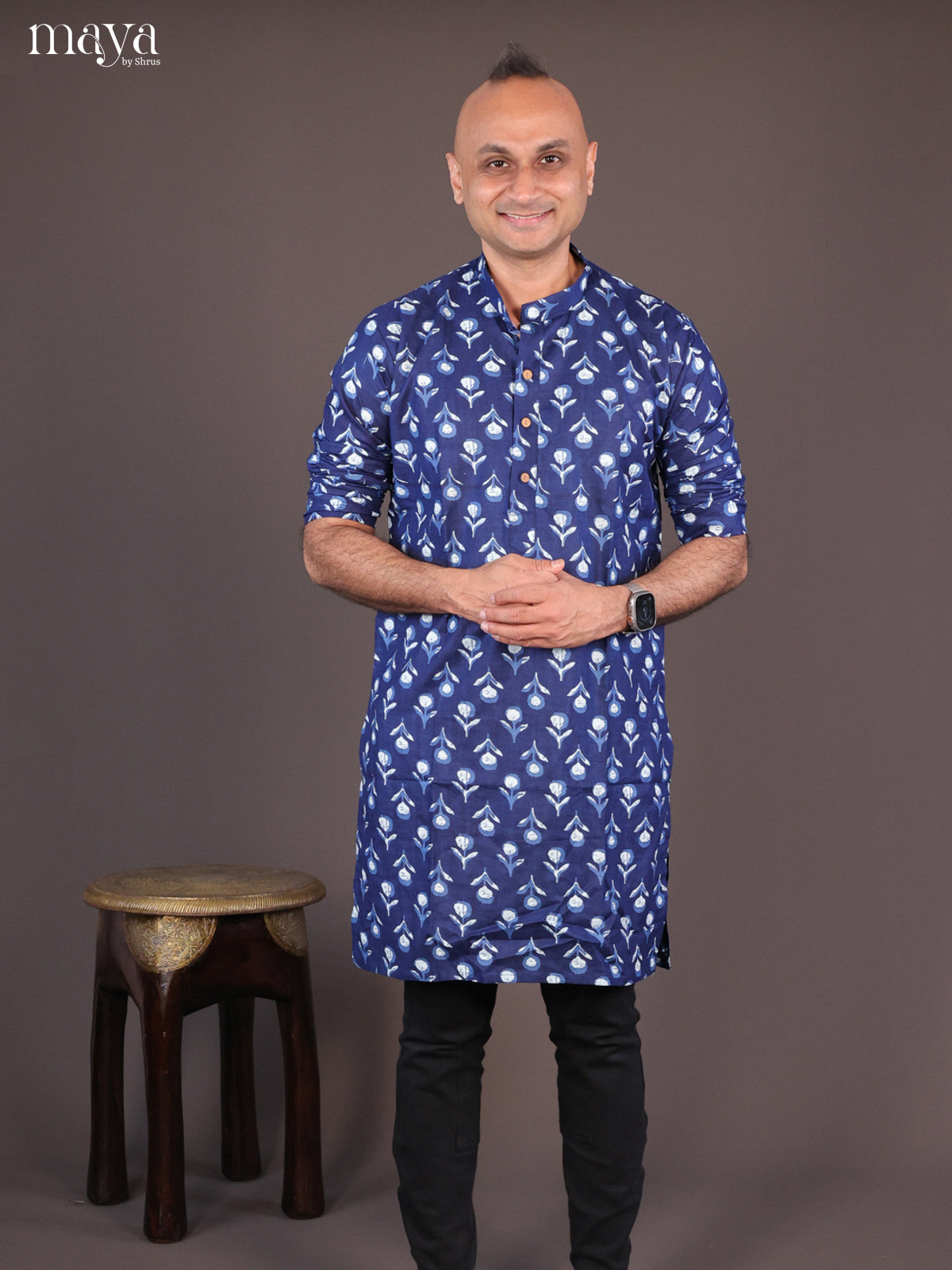 Blue Cotton Abstract Printed Long Men Kurta - Shop on Shrus.com