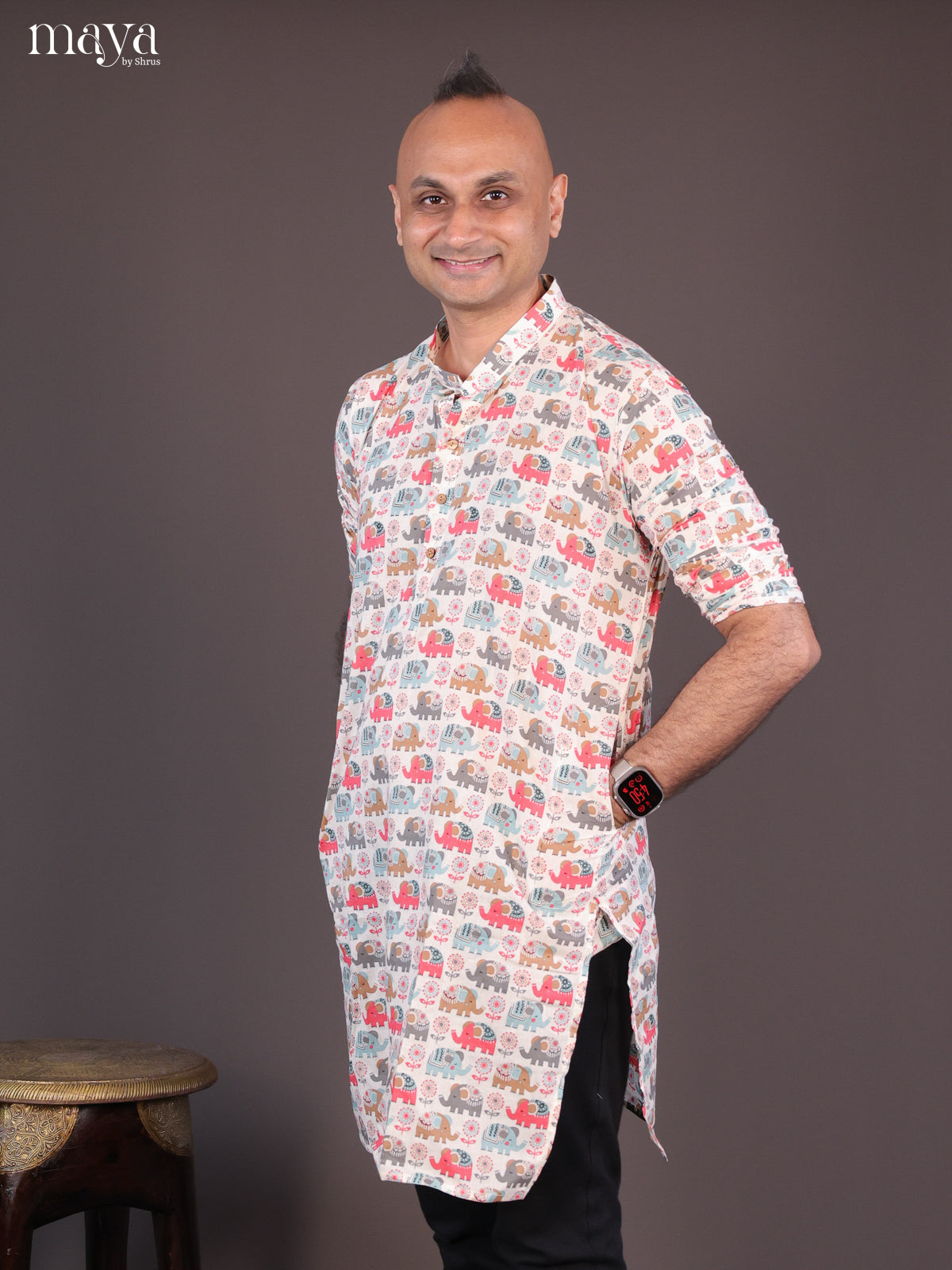 Cream Cotton Elephant Printed Long Men Kurta - Shop on Shrus.com