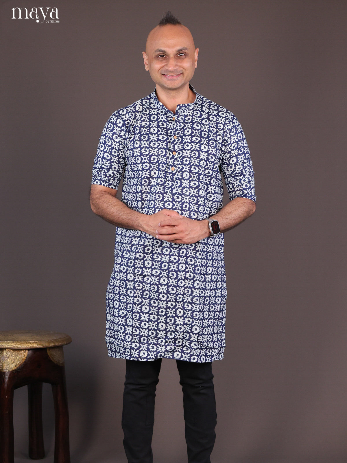 Blue Cotton Floral Printed Long Men Kurta - Shop on Shrus.com