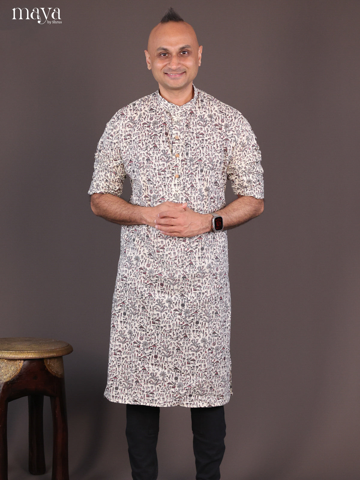 Cream Cotton Warli Printed Long Men Kurta - Shop on Shrus.com