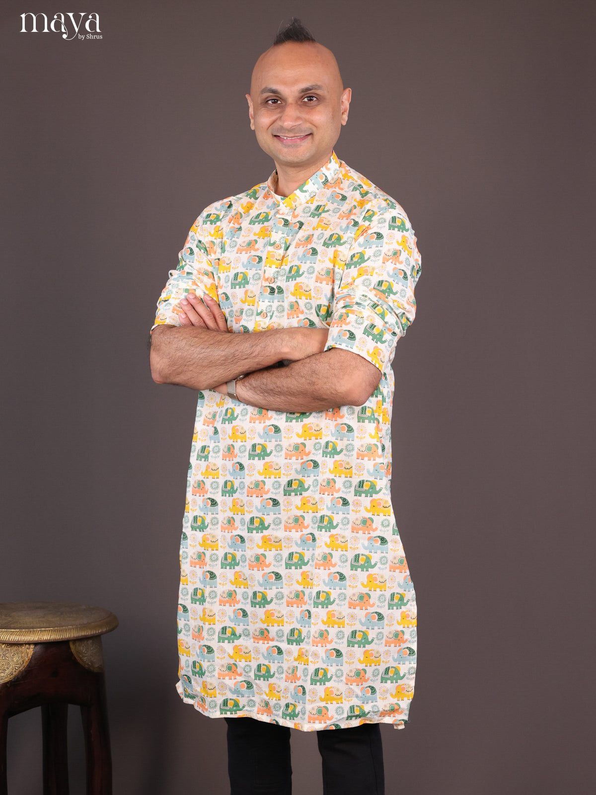Cream Cotton Elephant Printed Long Men Kurta - Shop on Shrus.com