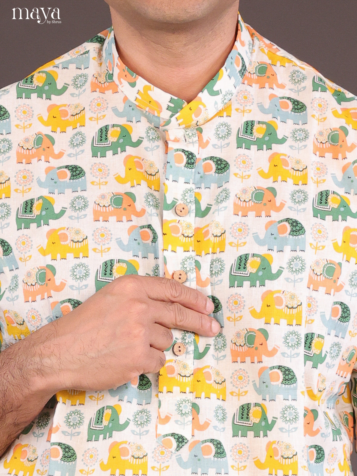 Cream Cotton Elephant Printed Long Men Kurta - Shop on Shrus.com