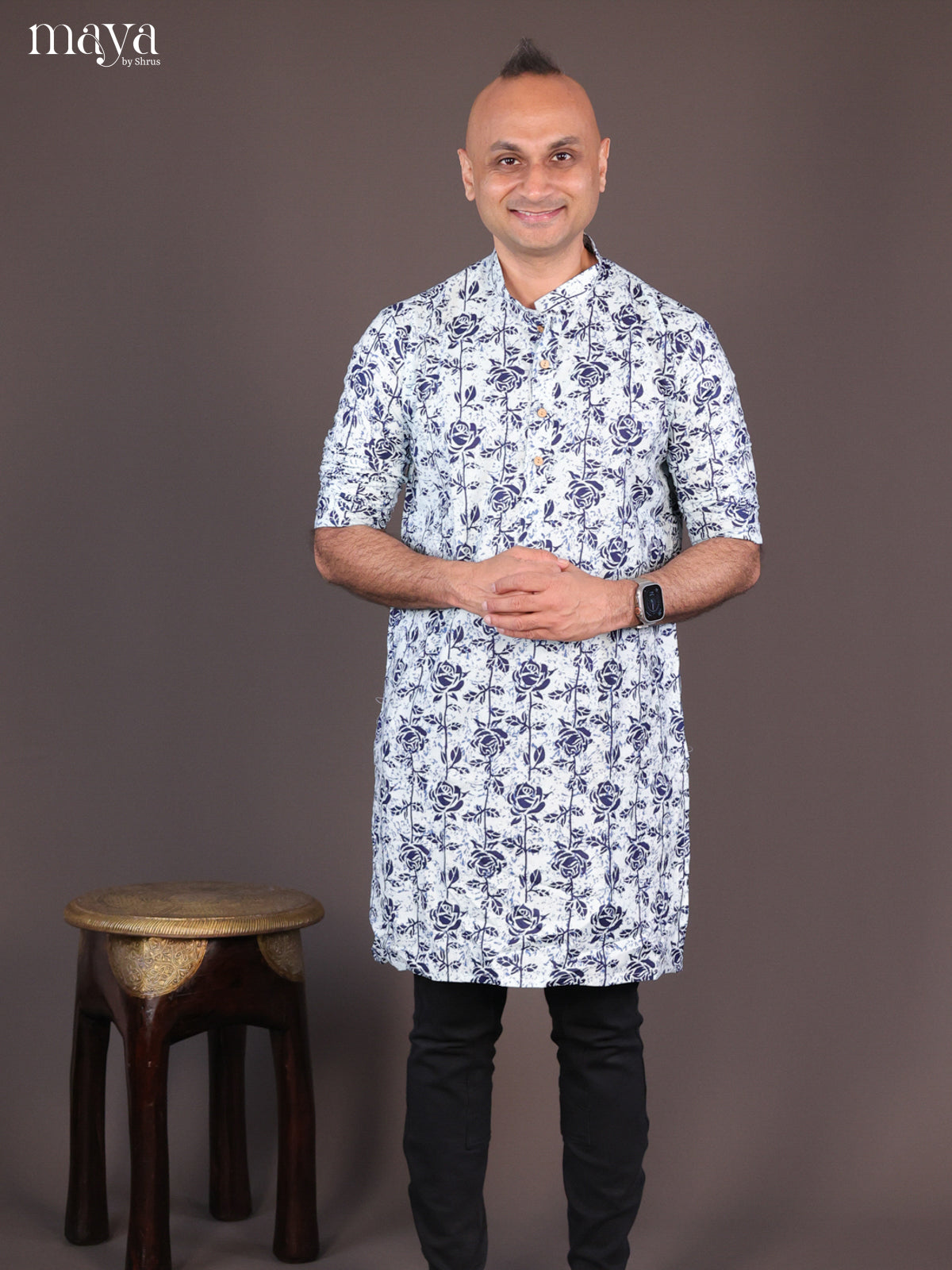 Blue Cotton Block Printed Long Men Kurta - Shop on Shrus.com