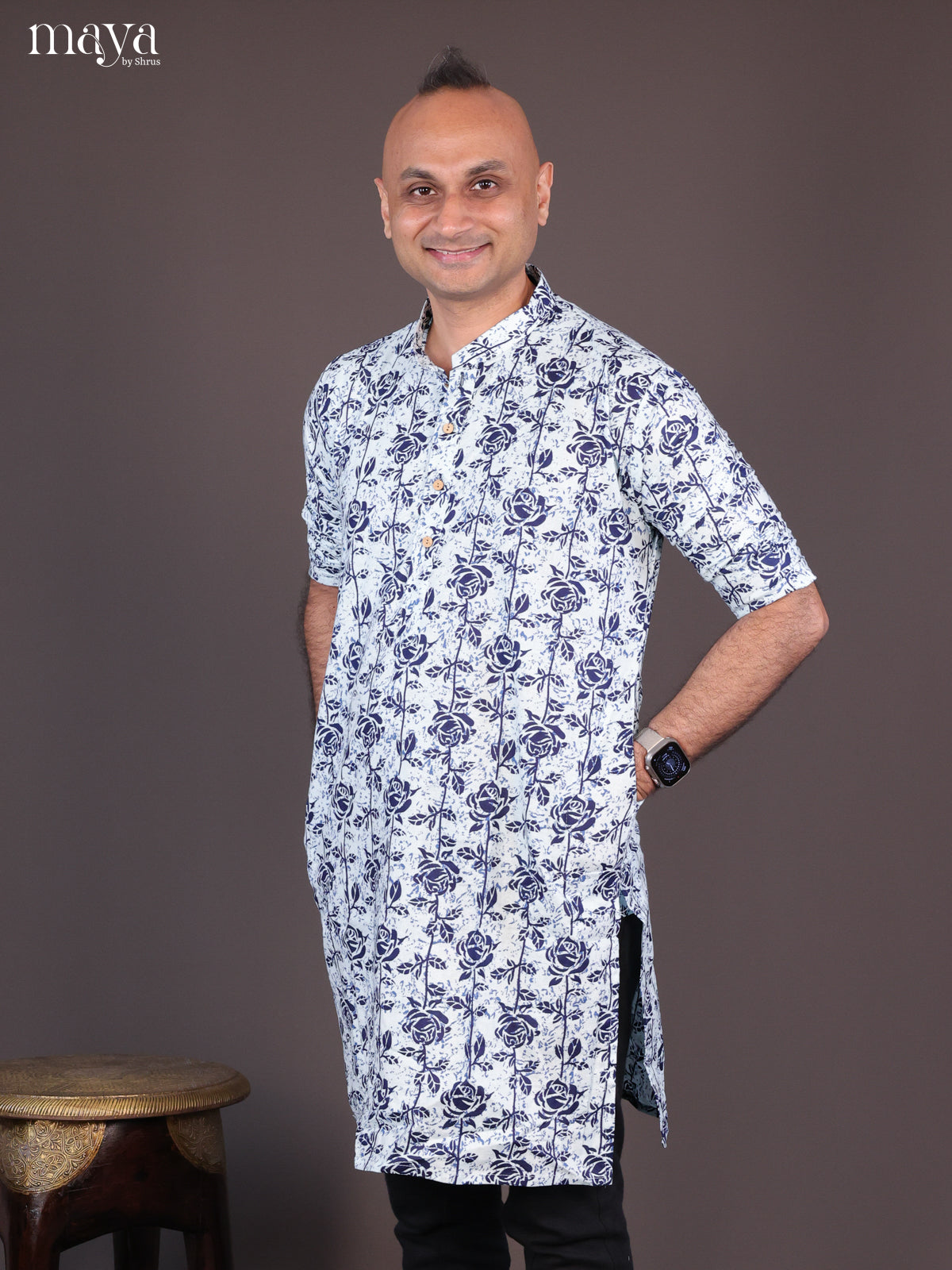 Blue Cotton Block Printed Long Men Kurta - Shop on Shrus.com