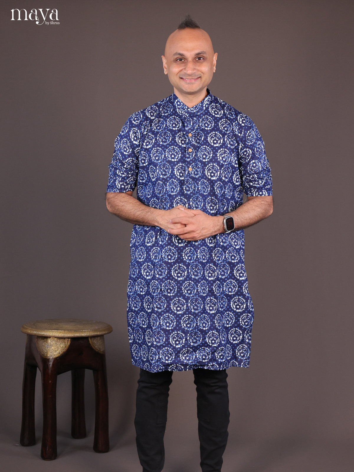Blue Cotton Batik Printed Long Men Kurta - Shop on Shrus.com