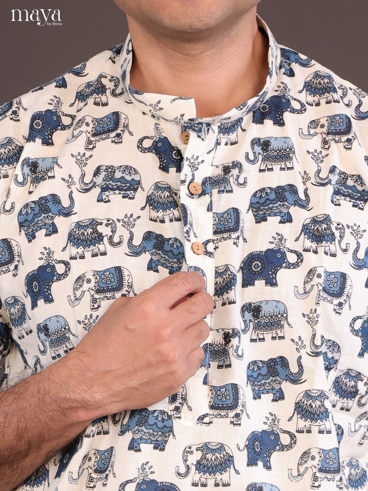 Cream Cotton Elephant Printed Long Men Kurta - Shop on Shrus.com