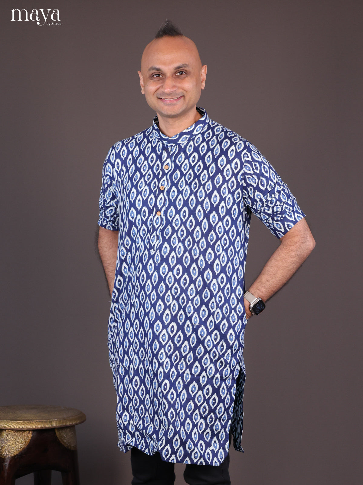 Blue Cotton Block Printed Long Men Kurta - Shop on Shrus.com