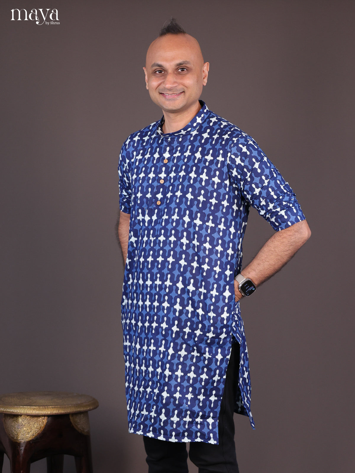 Blue Cotton Bagru Printed Long Men Kurta - Shop on Shrus.com