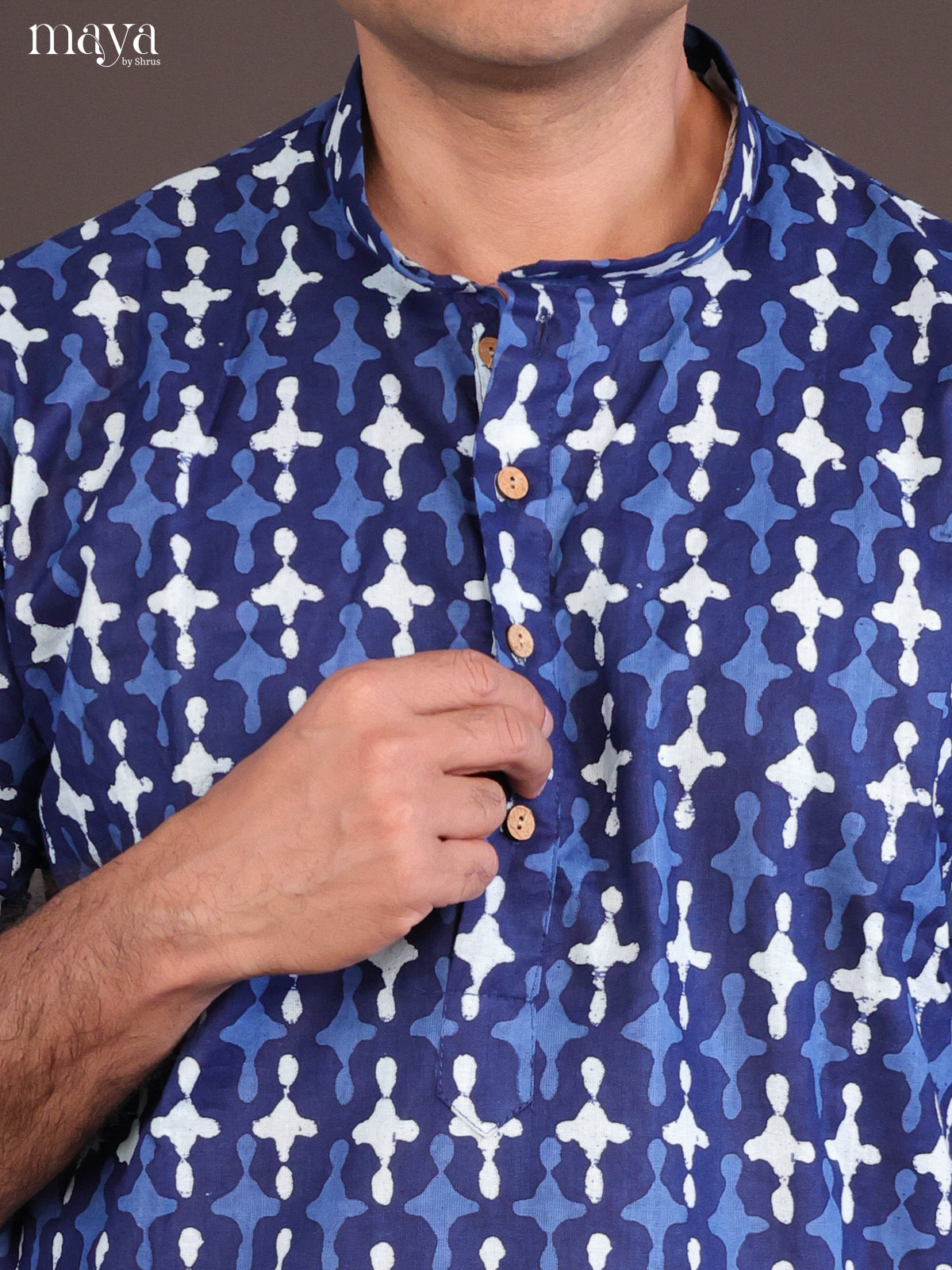 Blue Cotton Bagru Printed Long Men Kurta - Shop on Shrus.com