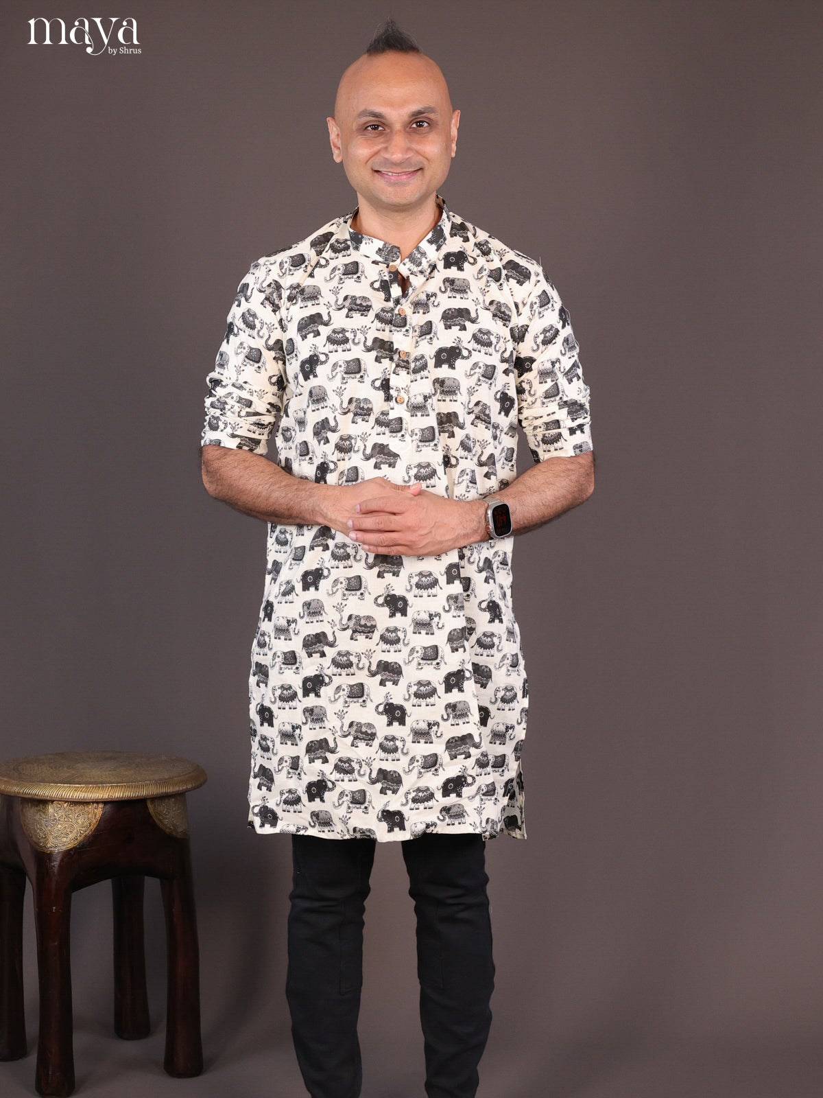 Cream Cotton Elephant Printed Long Men Kurta - Shop on Shrus.com