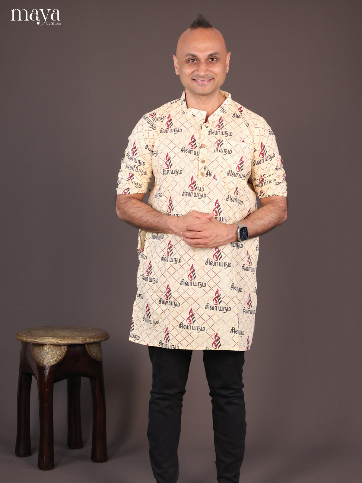 Yellow Cotton Divine Printed Short Men Kurta - Shop on Shrus.com