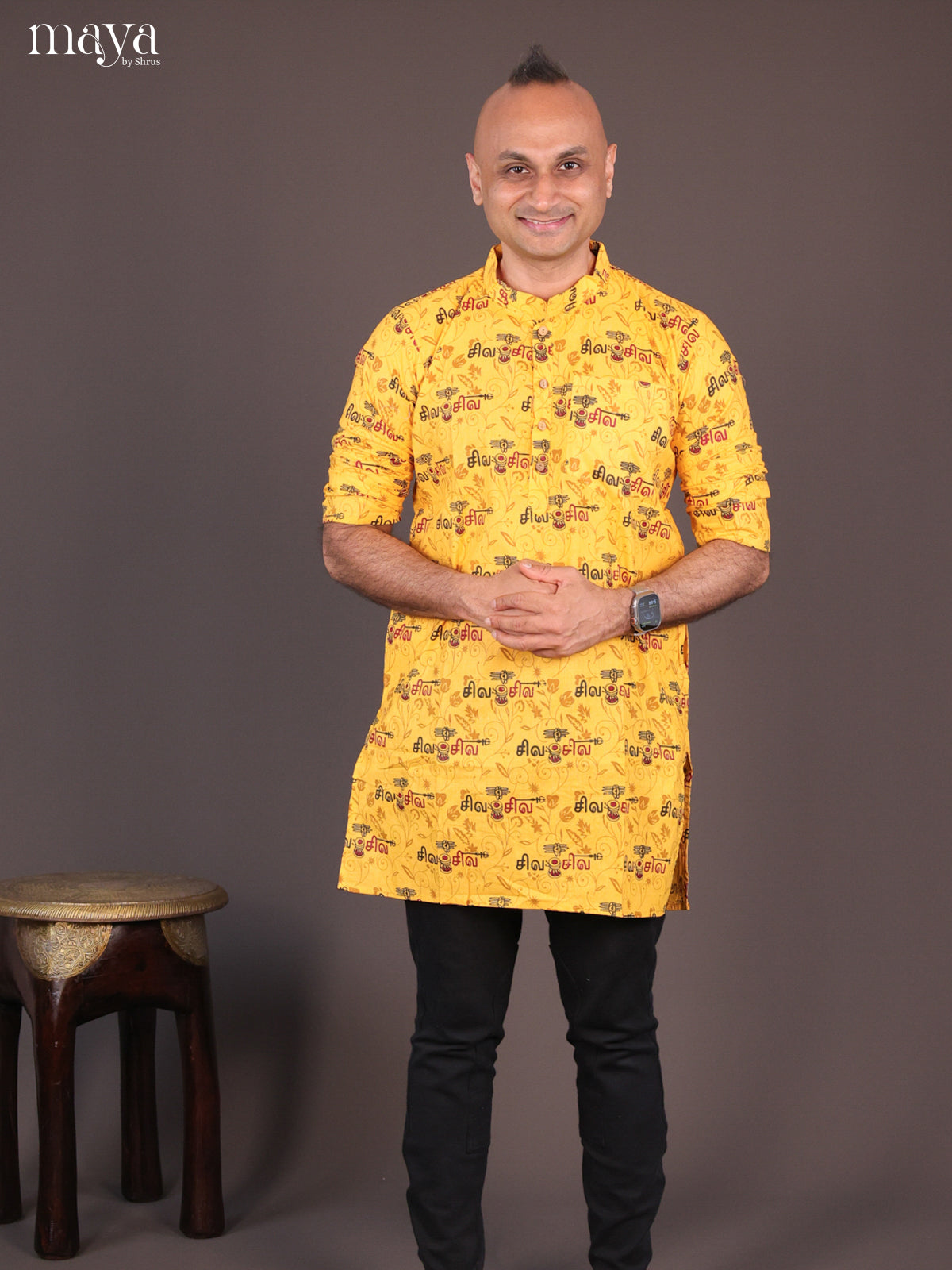 Yellow Cotton Divine Printed Short Men Kurta - Shop on Shrus.com